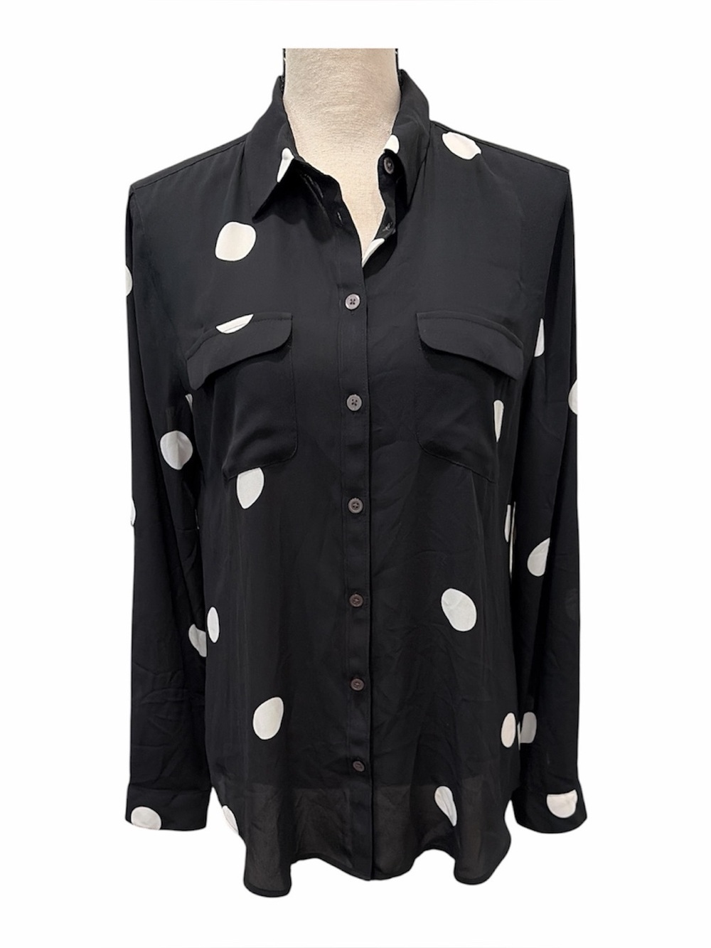 LOFT Black Button-Down Blouse with White Polka Dots